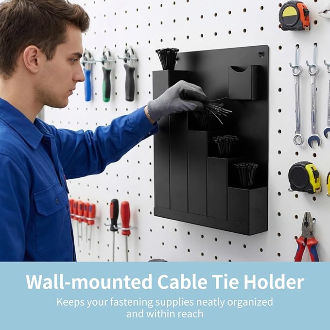 Cable Tie Holder, Wall-Mounted Storage Rack with 250 Pcs Zip Ties, Metal Wall Storage Organizer for Garage, Shed, Workshop, Tool Cart