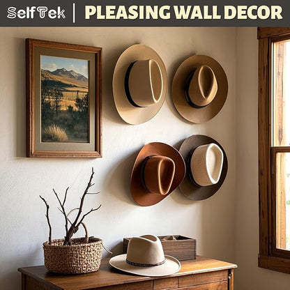 SelfTek 2.9 Inch Cowboy Hat Rack for Wall - 8 Pack Hat Hooks & Holder Hanger, Heavy Duty Adhesive Wall Mount, Western Room Decor for Baseball Cowboy, Sun Hats, Fedora, Wide Brim Hats (Black)