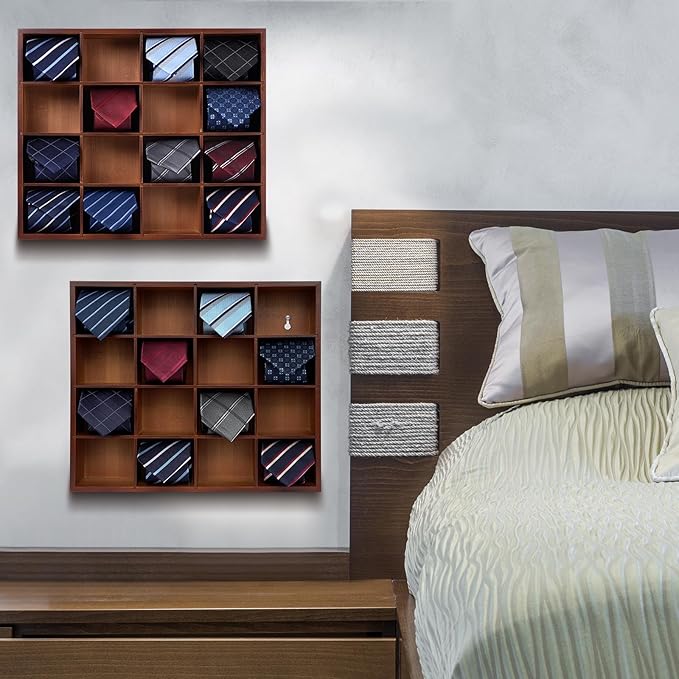 Tie Organizer Wall Mounted Tie Rack,Tie Box for Men,Tie Box Organizer with 16 Compartments，Tie Display Racks for Bedroom, Changing Room, Men Wardrobe(Brown,2 PCS)