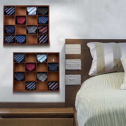 Tie Organizer Wall Mounted Tie Rack,Tie Box for Men,Tie Box Organizer with 16 Compartments，Tie Display Racks for Bedroom, Changing Room, Men Wardrobe(Brown,2 PCS)