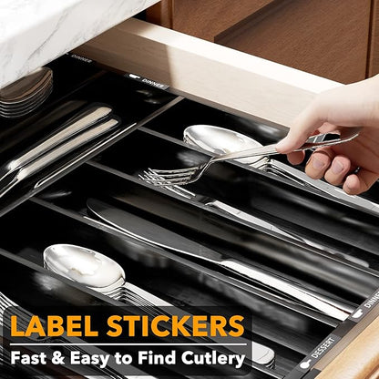 SpaceAid Bamboo Silverware Drawer Organizer with Labels, Kitchen Utensil Expandable Tray Holder Organizer for Flatware, Cutlery, Spoon and Knives Drawer Storage Organization (Black, 10 Slots)