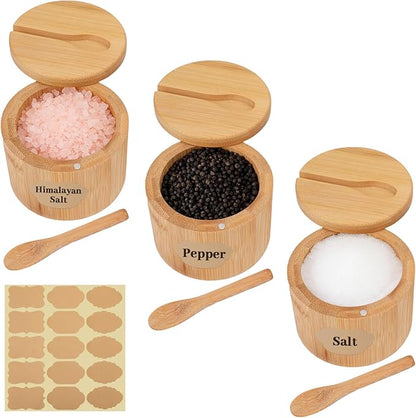3Pcs Bamboo Salt Cellar, Salt Box Bowl with Magnetic Swivel Lid & Spoon, Round Salt Container Holder Spice Box with Label Stickers to Storage Pepper Spice Sea Herbs Sugar for Countertop,6 OZ