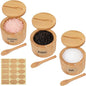 3Pcs Bamboo Salt Cellar, Salt Box Bowl with Magnetic Swivel Lid & Spoon, Round Salt Container Holder Spice Box with Label Stickers to Storage Pepper Spice Sea Herbs Sugar for Countertop,6 OZ