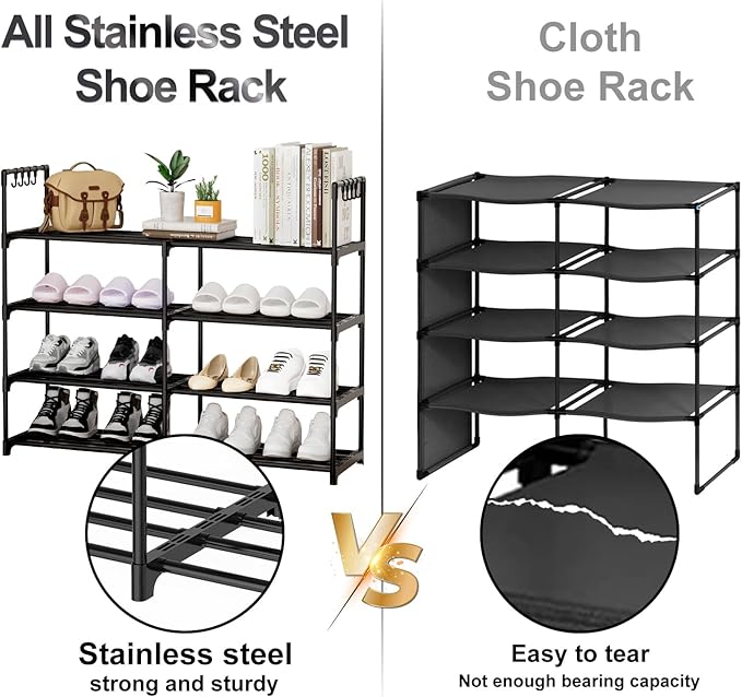 2 Rows 4 Tier Shoe Rack, Black Metal Stackable Shoe Shelf with Multifunctional Hooks, Hold 16-20 Pairs, Space Saving Shoe Organizer for Closet, Bedroom