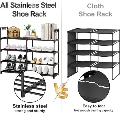 2 Rows 4 Tier Shoe Rack, Black Metal Stackable Shoe Shelf with Multifunctional Hooks, Hold 16-20 Pairs, Space Saving Shoe Organizer for Closet, Bedroom