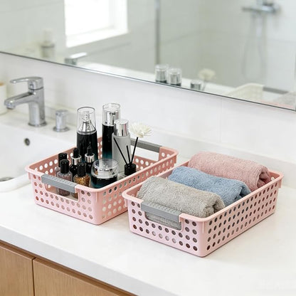 Soddeph 4 Pack Small Plastic Storage Baskets for Organizing, Stackable Bins with Handles for Shelves, Multipurpose Drawer Trays(Pink)
