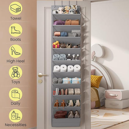 20-25 Pairs Over the Door Shoe Organizer, Clear Pockets Shoe Rack for Closet Door, 10-Tier Hanging Shoe Rack for Boots, Behind the Door Shoe Holder Fit All the Family's Sneakers, Boots, Heels, Grey