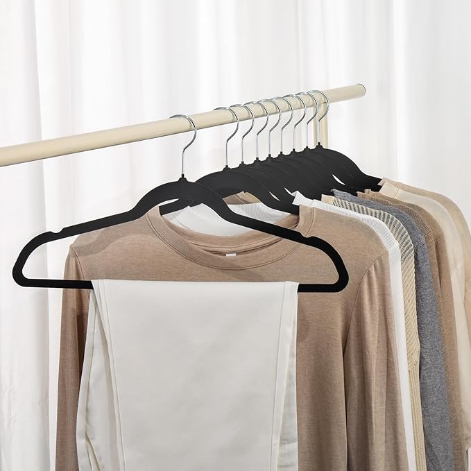 Premium Velvet Hangers 30 Pack, Non-Slip Suit Clothes Hangers, 360 Degree Swivel Hooks and Slim Profile to Maximize Closet Space Black/Silver