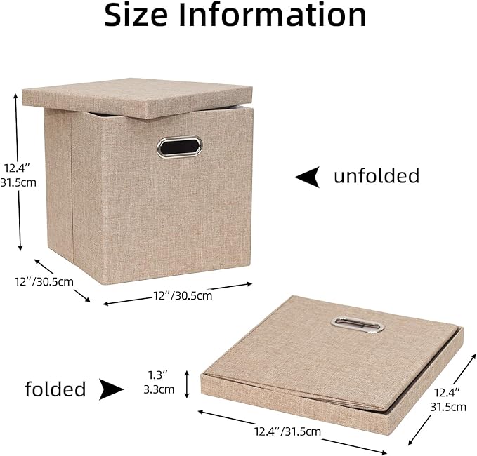 Storage Bins with Lids, Collapsible Linen Fabric Boxes Organizer Containers with Lid Foldable Storage Box Basket for Closet, Shelves, Home, Office, 12 x 12 x 12.4 Inch, 4 Pack, Khaki