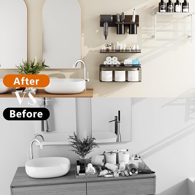 RoleDes Hair Tool Organizer Wall Mounted Set of 3 - Bathroom Floating Shelves with Blow Dryer Holder and Curling Iron Storage, Hair Dryer Hanger for Bathroom Wall, Modern Farmhouse Above Toilet Shelf