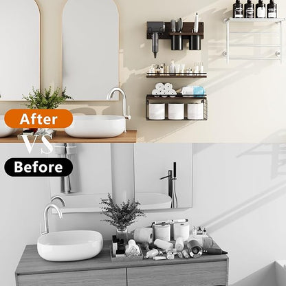 RoleDes Hair Tool Organizer Wall Mounted Set of 3 - Bathroom Floating Shelves with Blow Dryer Holder and Curling Iron Storage, Hair Dryer Hanger for Bathroom Wall, Modern Farmhouse Above Toilet Shelf