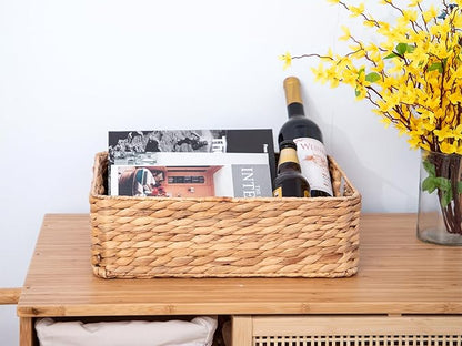 YAHUAN Water Hyacinth Storage Baskets for Organizing Drawer Basket With Handle Square Shallow Basket Wicker Baskets for Shelf (Original)