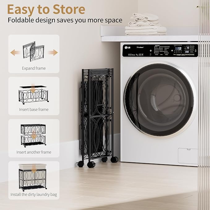 Laundry Hamper with 3 Section, Large 180L Rolling Laundry Basket with Wheels, Metal Heavy Duty Laundry Hamper with Detachable Bags, Dirty Clothes Hamper Organizer for Bedroom, Bathroom(Beige)