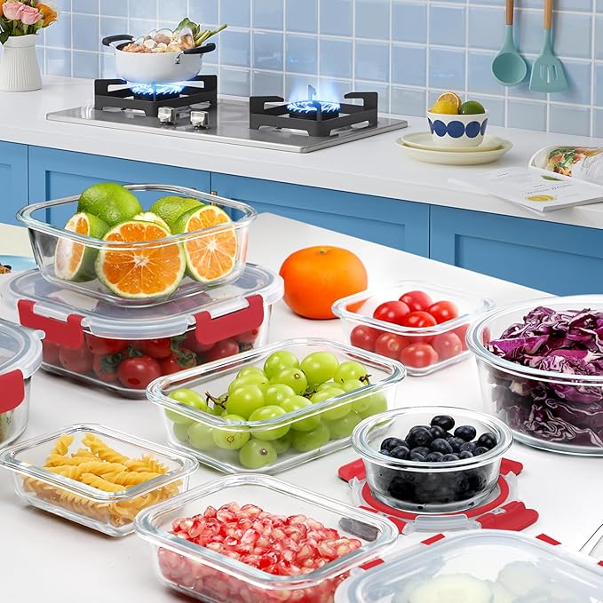 VERONES 30 Pieces Glass Meal Prep Containers Set, Stackable Glass Food Storage Containers with Lids-Airtight Lunch Containers，for Microwave, Oven, Freezer & Dishwasher,Red
