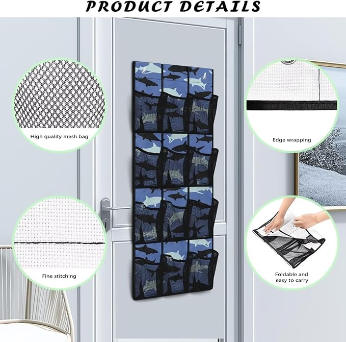 12-Pocket Behind The Door Storage Organizer, Oxford Material Waterproof Foldable and Designed for Bathroom Pantry or Bedroom Use, Blue Black Shark