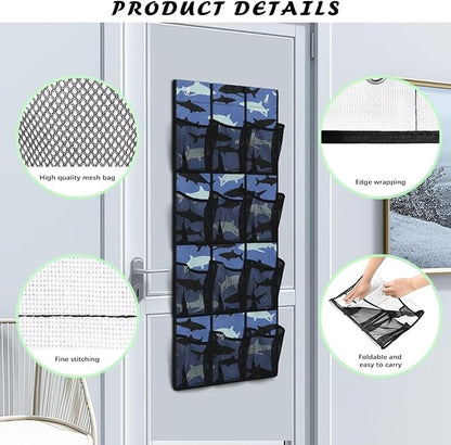 12-Pocket Behind The Door Storage Organizer, Oxford Material Waterproof Foldable and Designed for Bathroom Pantry or Bedroom Use, Blue Black Shark