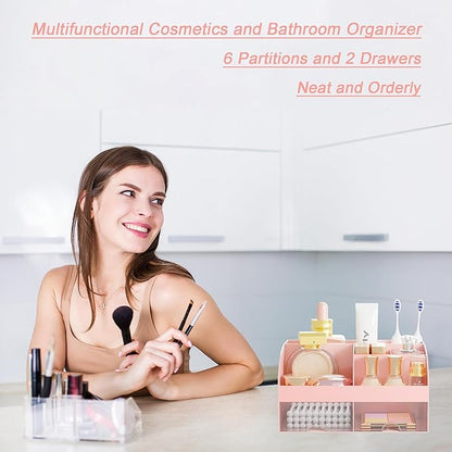 Makeup Organizer with 2 Drawers, Cosmetic Storage for Dresser Vanity and Bathroom Countertop,Make up organization and Skincare Storage with Beauty Brush Holder, Cosmetic Display Case (Pink)