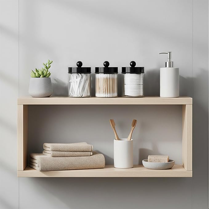 3PC Farmhouse Decor Qtip Holder Apothecary Jars Bathroom Vanity Storage Organizer -Countertop Canister Container &Cute Stickers for Cotton Swab, Ball,Pad,Floss,Paper Clips (Black)