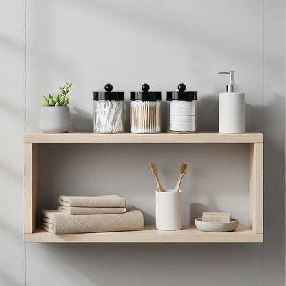 3PC Farmhouse Decor Qtip Holder Apothecary Jars Bathroom Vanity Storage Organizer -Countertop Canister Container &Cute Stickers for Cotton Swab, Ball,Pad,Floss,Paper Clips (Black)