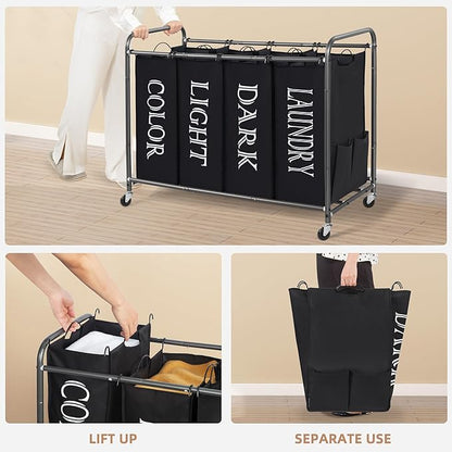 STORAGE MANIAC Laundry Sorter 4 Section, 47.8 Gal (181 L) Laundry Hamper with Wheels, Clothes Divider Basket Sorter, Clothes Separator Hamper Cart with Wheels and Removable Bags, Label Black
