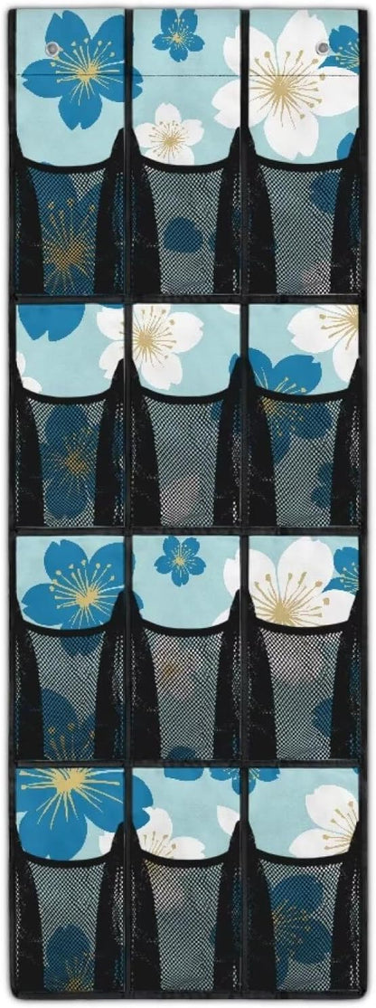 Over The Door Hanging Shoe Storage Pockets, Wall Storage Bag Fabric Wall Door Closet Hanging Storage Bag Organizer,Blue Flowers