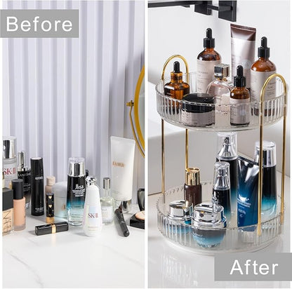 shuang qing Rotating Makeup Organizer for Vanity, High-Capacity Skincare Clear Make Up Storage Perfume Organizers Cosmetic Dresser Organizer Countertop 360 Spinning (Clear, 2 Tier)