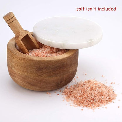 Large Acacia Wood Seasonings Condiments Pinch Bowl Spice and Spoon Salt Cellar Box Storage Jar White Marble Lid