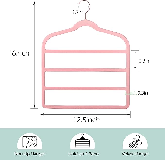 Velvet Pants Clothes Hanger Space Saving Non Slip Pants Shorts Hanger, Myfolrena Jeans Slack Trousers Hangers Multiple Velvet Hanger Closet Storage and Organization for Jeans,Scarf,Tie(Pink, 3)
