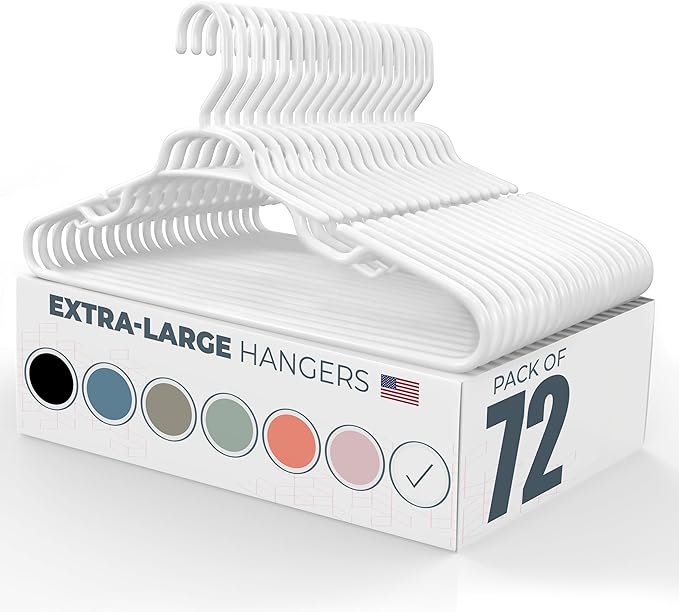 Large & Wide Heavy Duty Clothes Hangers 50+ Pack (72 Count) – Made in USA – Ideal for Plus Size Clothing – 10lb Plastic Hangers with Notches for Oversized Adult Coats & Pants – White