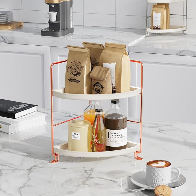 FSyueyun 2-Tier Corner Bathroom Counter Organizer, Tool-Less Installation Vanity Shelf Small Plastics Countertop Makeup Tray Skincare Perfume Organizers (Rose Gold)