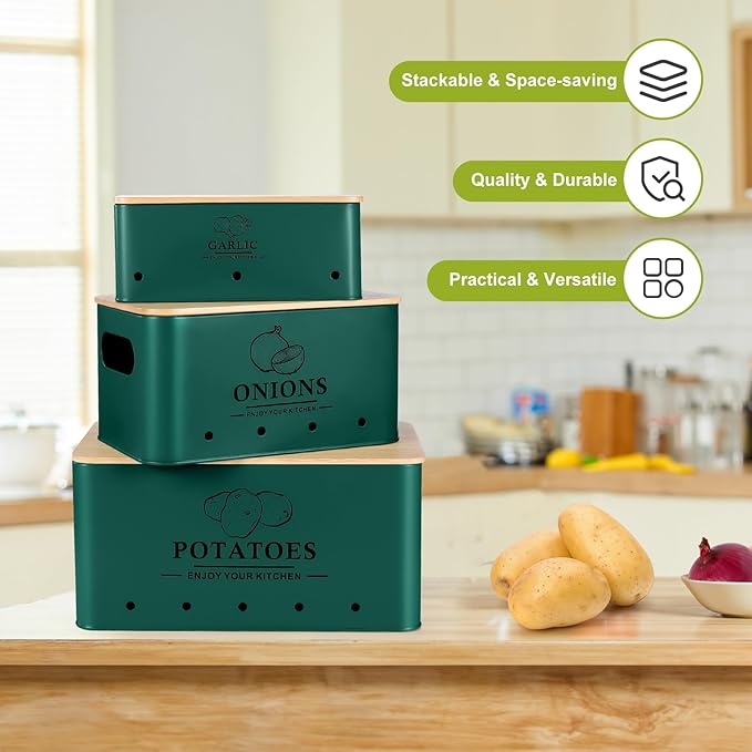 Kitchen Vegetable Storage Set of 3, Metal Onion Garlic Potato Storage Set, Kitchen Canisters Vegetable Keeper Containers with Aerating Holes and Wooden Lid (Alpine Green)
