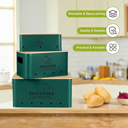 Kitchen Vegetable Storage Set of 3, Metal Onion Garlic Potato Storage Set, Kitchen Canisters Vegetable Keeper Containers with Aerating Holes and Wooden Lid (Alpine Green)