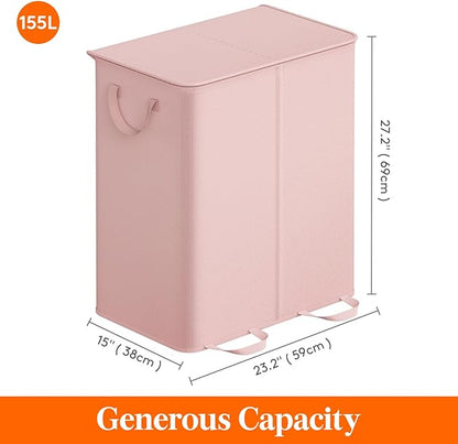 Lifewit Double Laundry Hamper with Lid and Removable Laundry Bags, Large Collapsible 2 Dividers Dirty Clothes Basket with Handles for Bedroom Laundry Room Closet Bathroom College, 155L Pink