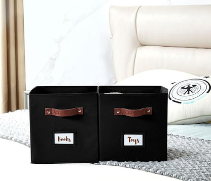 DECOMOMO Storage Bins, Cube Storage Bin with Labels, Fabric Storage Cubes for Shelves (10.5" x 11" / 6pcs, Black)