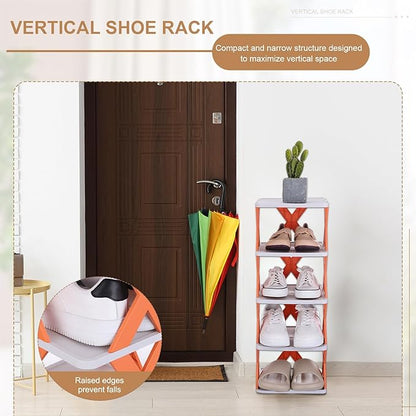 uxcell 4-Tier Plastic Shoe Rack, Vertical Shoe Rack Stackable Storage Organizer Folding Space-Saving Narrow Slot Shelf for Closet Livingroom Entryway Garage, White/Black
