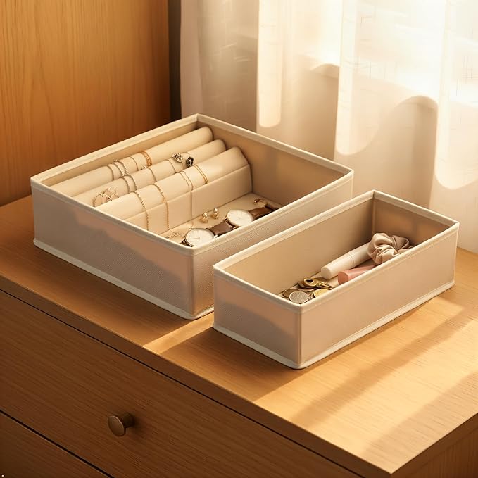 Underwear Drawer Organizer 2 Pack - Foldable Fabric Storage Bins for Dresser & Closet, Khaki Sock and Bra Dividers, 2 Sizes for Bedroom Organization