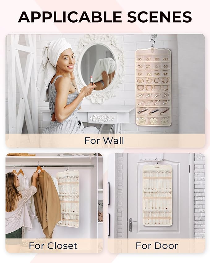 BAGSMART Hanging Jewelry Organizer Storage with Hanger Metal Hooks Double-Sided Jewelry Holder for Earrings, Necklaces, Rings on Closet, Wall, Door, 1 piece Large Beige