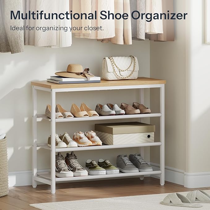 HOOBRO Shoe Rack with 3 PU Shelves, 4-Tier Shoe Storage Organizer for Closet and Entryway, Holds 9-12 Pairs of Shoes, Sturdy Metal Frame, Small Spaces, White and Natural WN94XJ01
