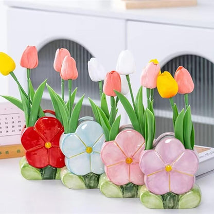 TANG SONG Ceramic Bloom Five Petals Make up Brush Holder Flower Cosmetic Storage Box Pen and Pencil Holder Desktop Organizers (Purple)