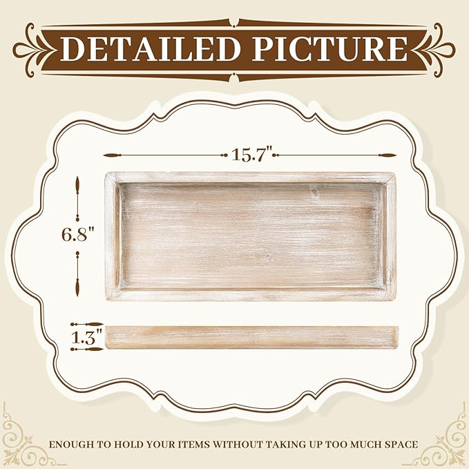 MAONAME Wash White Bathroom Vanity Tray, Rustic Long Narrow Tray, Rectangle Farmhouse Wood Trays, Countertop Organizer Trays for Candle, Perfume, 15.7" L x 6.8" W