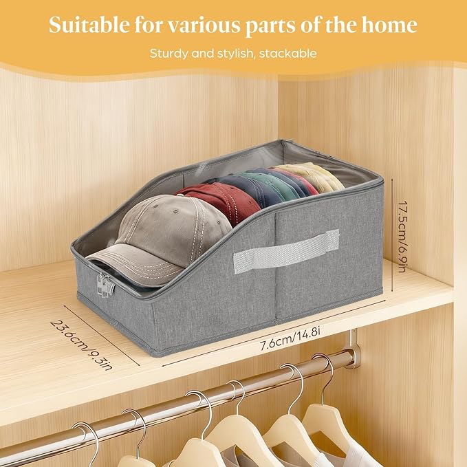 2 PCS Stackable Hat Organizer for Baseball Caps, Hat Storage Holder Holds up to 24 Caps for Closet/Shelf, Hat Box Holder with Clear Window Lid And Sturdy Cardboard, for Closet Bedroom Shelf (Grey)