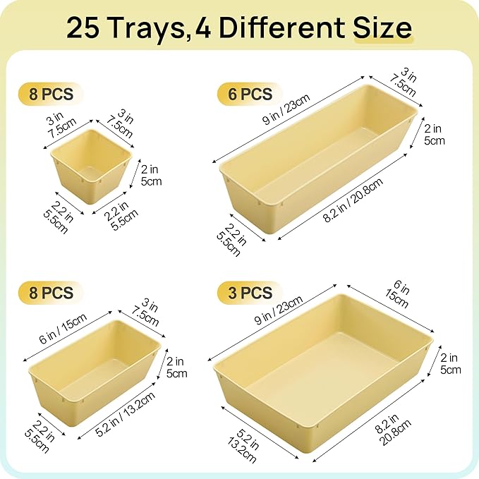 Vtopmart 25 PCS Plastic Drawer Organizers Set, 4-Size Versatile Bathroom and Vanity Drawer Organizer Trays, Storage Bins for Makeup, Bedroom, Kitchen Gadgets Utensils and Office