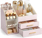 Lolalet Makeup Organizer Countertop with Drawers, Easy to Clean PU Leather Storage Box, 3-Layer Cosmetic Holder for Skincare, Lipstick, Perfume & Brush, Display Case for Vanity Dresser Bathroom -Pink