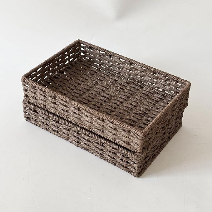 Small Woven Paper Rope Baskets for Storage(4PCS), Basket Tray for Drawer,Shelves,Closet Organizing & Decor (Dark Brown)