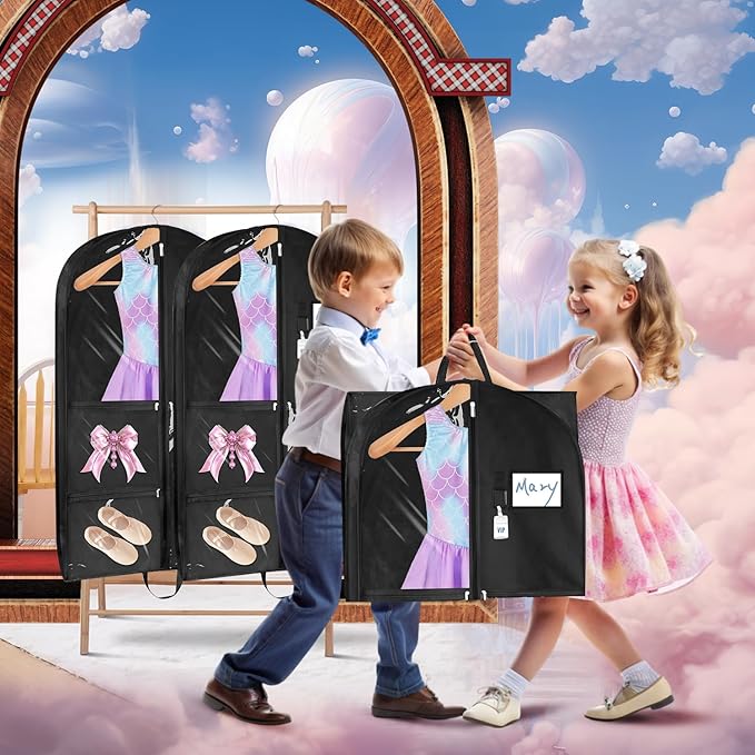 Sishynio Garment Bag, 43 Inch Black Garment-Bags for Hanging Clothes, Clear Waterproof Garment Bags with 5 Pockets, Dance Garment Bags, Kids Garment Bag for Dance Competitions Sports Suit Travel