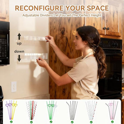 9.5 Inch Cabinet Door Acrylic Straw Holder with Double-Sided Tape, Kitchen Countertop Cabinet Storage Box for Organizing Straws (Transparent)