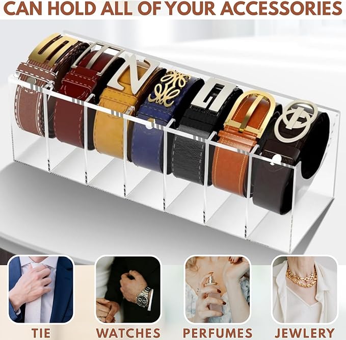 Acrylic Belt Organizer with 7 Compartments – Clear Belt Container Display Holder for Closet or Drawer, Ideal Storage Box for Belts, Ties, and Accessories for Men and Women, Home Use