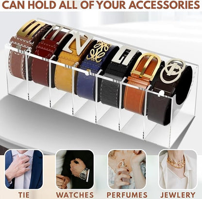 Acrylic Belt Organizer with 7 Compartments – Clear Belt Container Display Holder for Closet or Drawer, Ideal Storage Box for Belts, Ties, and Accessories for Men and Women, Home Use