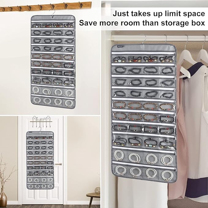80 Zippered Pockets Hanging Jewelry Organizer for Holding Jewelries Dual-Sided Accessory Display Holder for Earrings Bracelets Rings (80 Zippered Pockets-Grey)