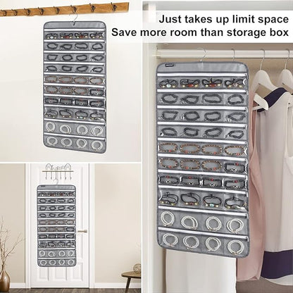 80 Zippered Pockets Hanging Jewelry Organizer for Holding Jewelries Dual-Sided Accessory Display Holder for Earrings Bracelets Rings (80 Zippered Pockets-Grey)